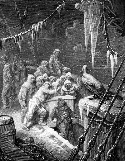 El albatros alimentado por los marineros en el barco varado en los mares congelados de la Antártida, escena de 